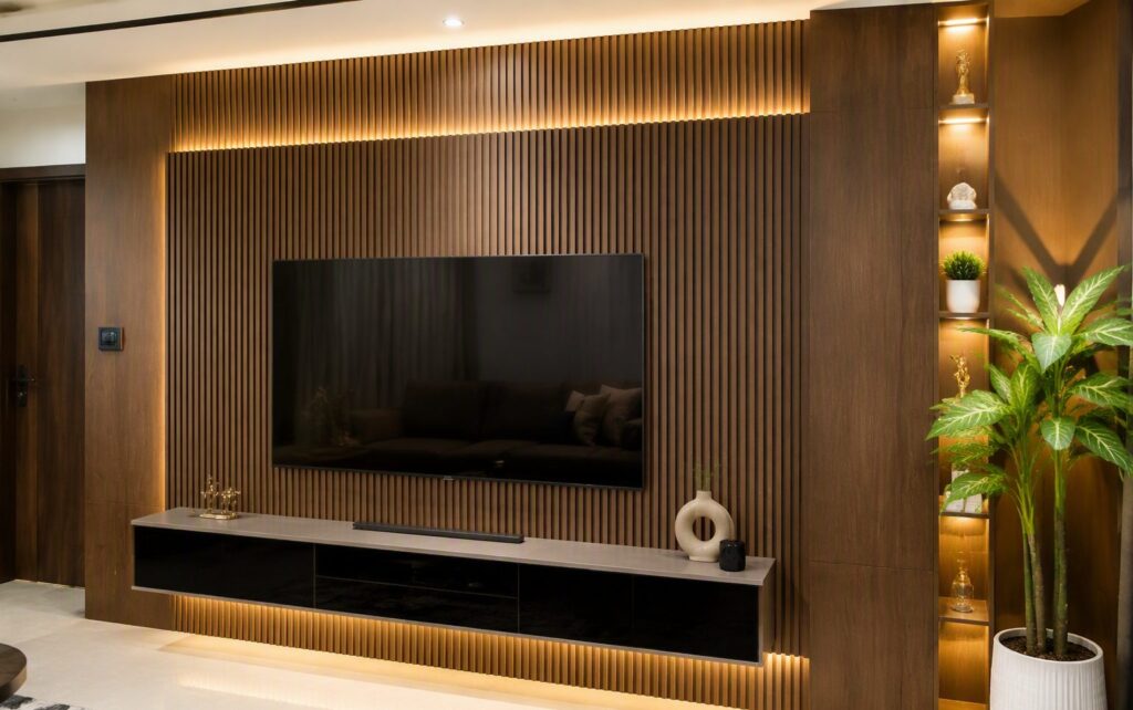 Modern living room TV accent wall with walnut fluted WPC louvre panels and warm LED backlighting