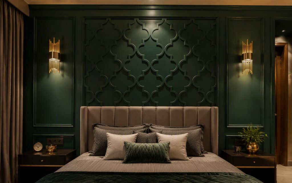 Deep emerald green 3D geometric CNC-cut MDF wall panelling behind a bed