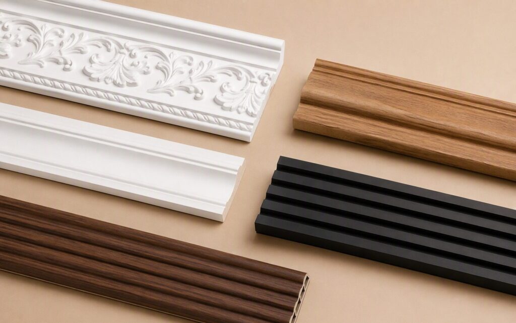 Flat lay of wall moulding material samples: POP, gypsum, MDF, charcoal and WPC trim